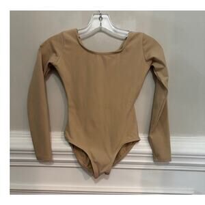 CAPEZIO tan beige nude leotard long sleeves girls large 10 - 12 dance bodysuit